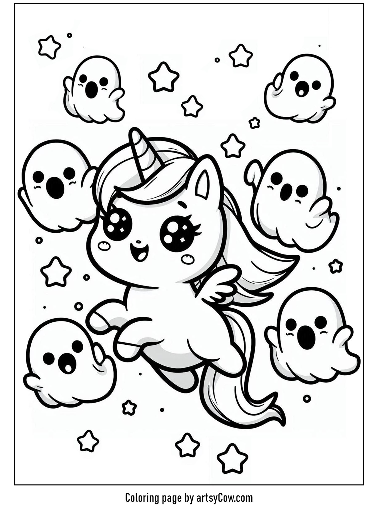 halloween coloring pages with unicorn 2 featuring a cheerful unicorn surrounded by playful ghost friends, all set in a whimsical Halloween theme.